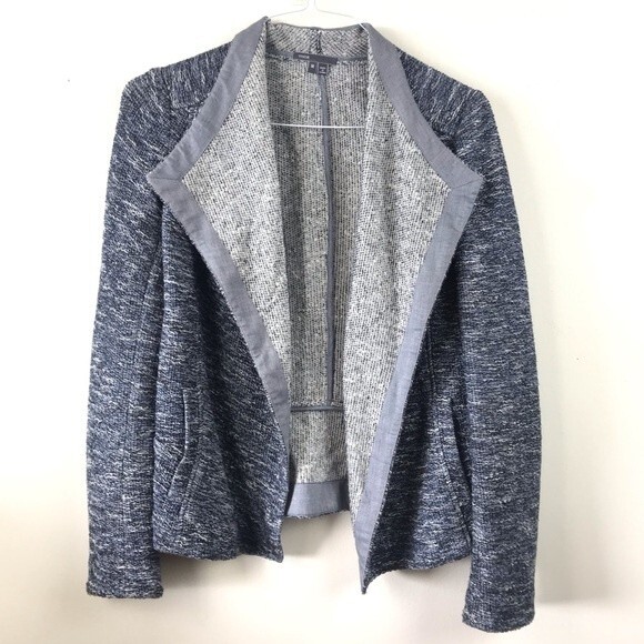 Vince Draped Open Front Cascade Tweed Jacket Marled Blazer Cardigan M Gray - Picture 4 of 8